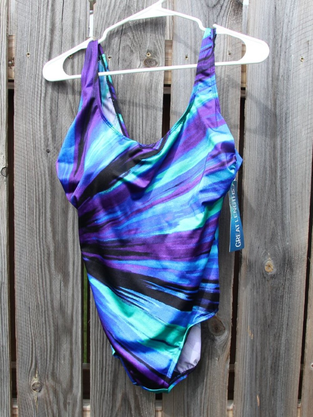 Great Lengths One Piece Swimsuit Sz 14 Blue Purple Abstract NWT Built-In Bra